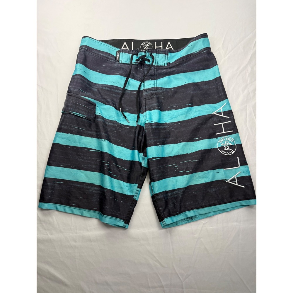 Da Hui Mens Board Shorts Size 30 Teal Black Striped Aloha Surf Trunks Cargo